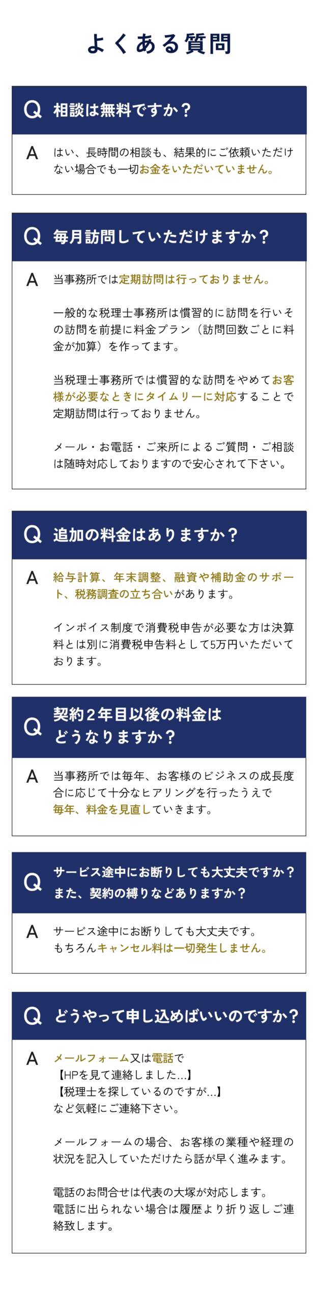 【よくある質問FAQ】 Q：相談は無料ですか？ A：はい、長時間の相談も、結果的にご依頼いただけない場合でも一切お金をいただいていません。 Q：毎月訪問していただけますか？ A：当事務所では定期訪問は行っておりません。 　 一般的な税理士事務所は慣習的に訪問を行いその訪問を前提に料金プラン（訪問回数ごとに料金が加算）を作ってます。 当理士事務所では慣習的な訪問をやめてお客様が必要なときにタイムリーに対応することで定期訪問は行っておりません。 　 メール・お電話・ご来所によるご質問・ご相談は随時対応しておりますので安心されて下さい。 Q：追加の料金はありますか？ A：給与計算、年末調整、融資や補助金のサポート、税務調査の立ち合いがあります。 　 インボイス制度で消費税申告が必要な方は決算料とは別に消費税申告料として5万円いただいております。 Q：契約２年目以後の料金はどうなりますか？ A： 当事務所では毎年、お客様のビジネスの成長度合に応じて十分なヒアリングを行ったうえで毎年、料金を見直していきます。 Q：サービス途中にお断りしても大丈夫ですか？ また、契約の縛りなどありますか？ A：サービス途中にお断りしても大丈夫です。もちろんキャンセル料は一切発生しません。 Q：どうやって申し込めばいいのですか？ A：メールフォーム又は電話で【HPを見て連絡しました・・】【税理士を探しているのですが・・】など気軽にご連絡下さい。 　 メールフォームの場合、お客様の業種や経理の状況を記入していただけたら話が早くすすみます。 　　電話のお問合せは代表の○○が対応します。電話に出られない場合は履歴より折り返しご連絡致します。